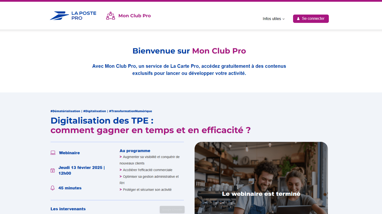 Capture d'écran de la page d'accueil de Mon Club Pro