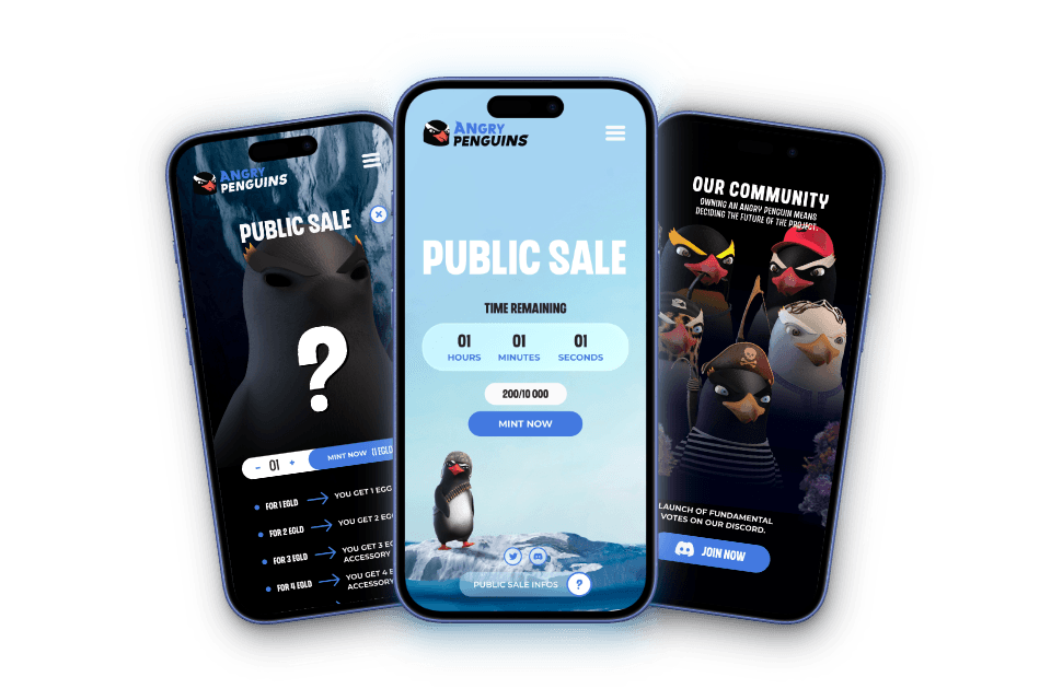 3 iPhone Mockup for Angry Penguins Colony Landing Page