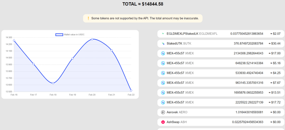 Capture d'écran de la première version de My Wallet Account avec l'évolution de la valeur d'un wallet et la valeur de ses tokens.