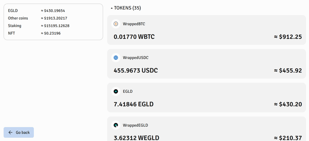 Capture d'écran de la version actuelle de My Wallet Account avec la valeur en dollars des tokens d'un wallet.